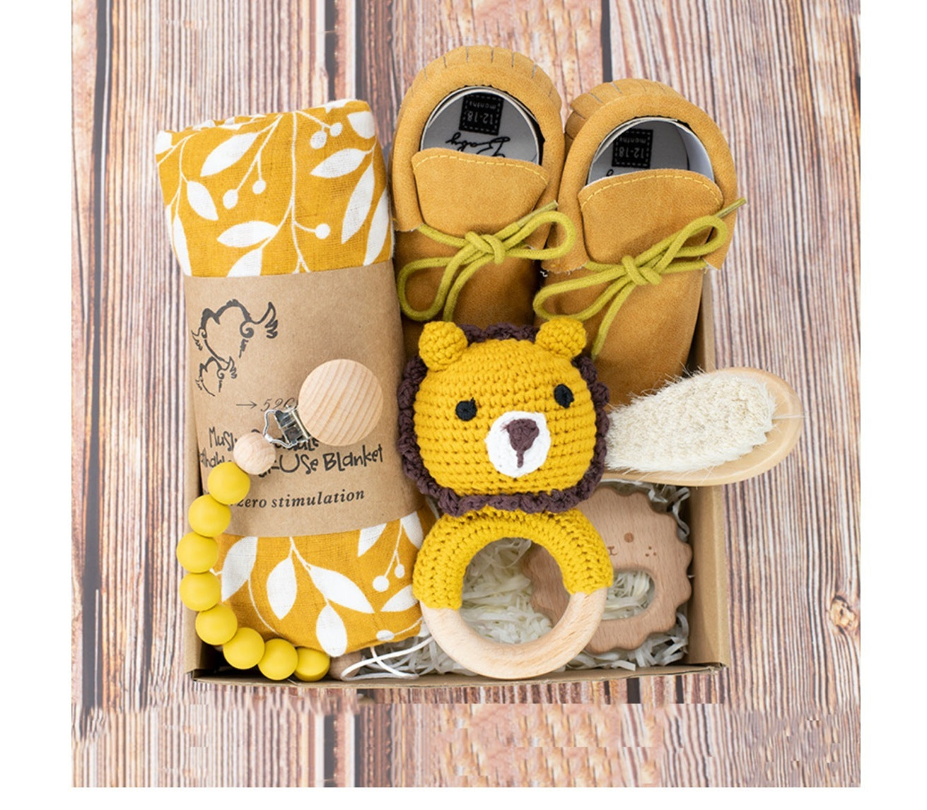 Boîte Cadeau Naissance Bébé - Hochet en Bois Crocheté + Accessoires (0-1 mois)