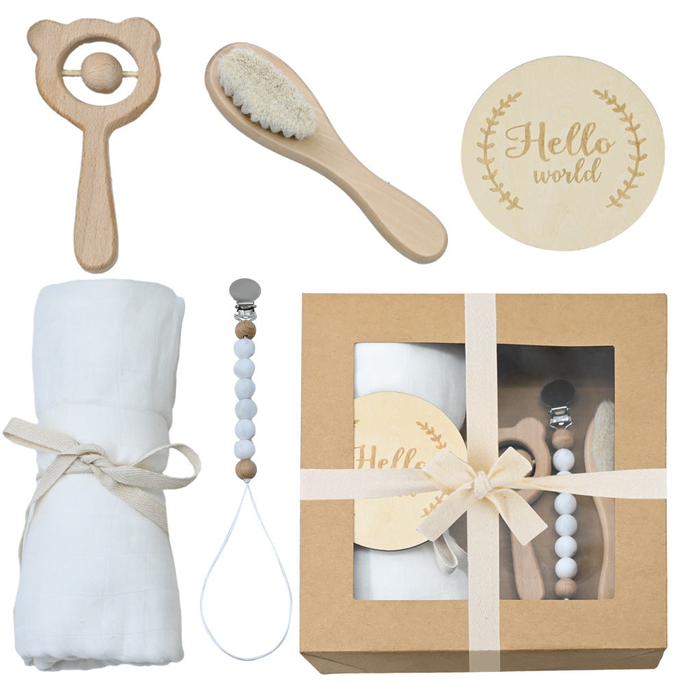Boîte Cadeau Naissance Bébé - Hochet en Bois Crocheté + Accessoires (0-1 mois)