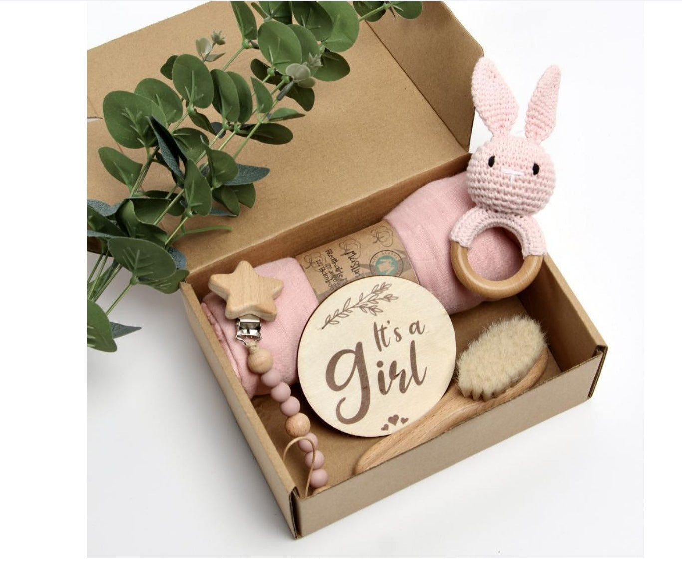 Boîte Cadeau Naissance Bébé - Hochet en Bois Crocheté + Accessoires (0-1 mois)