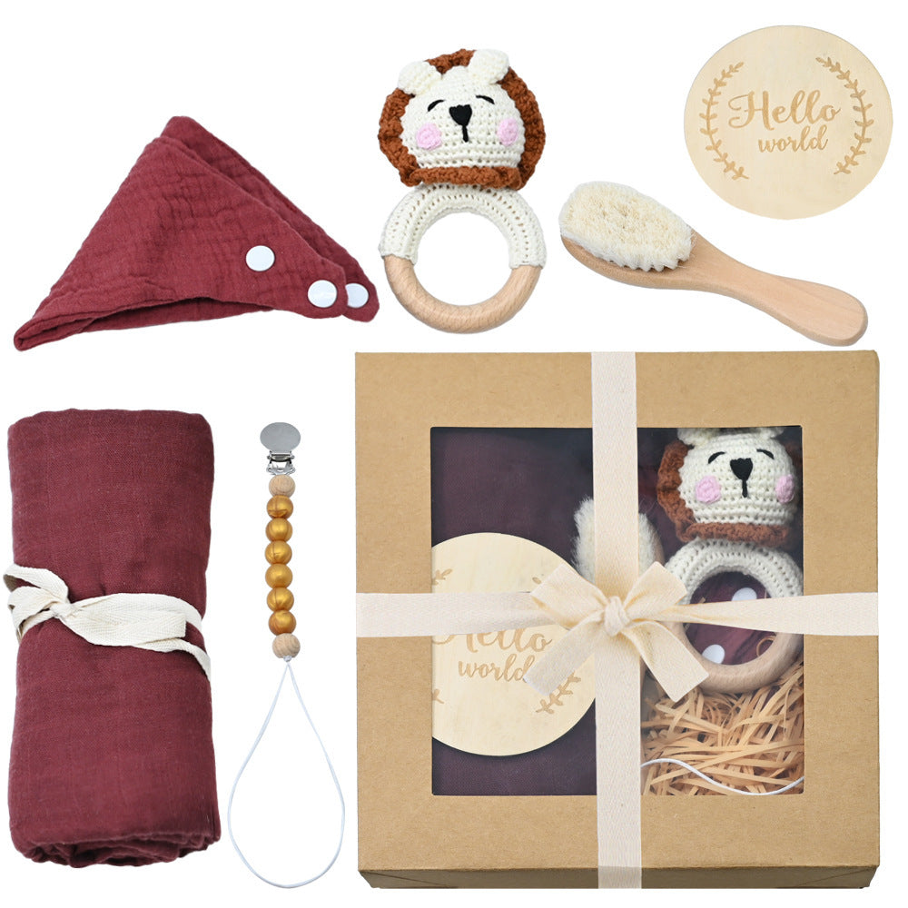 Boîte Cadeau Naissance Bébé - Hochet en Bois Crocheté + Accessoires (0-1 mois)
