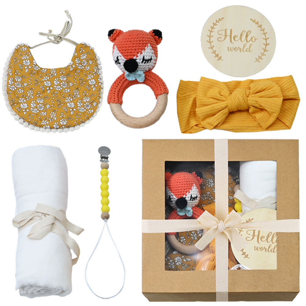 Boîte Cadeau Naissance Bébé - Hochet en Bois Crocheté + Accessoires (0-1 mois)