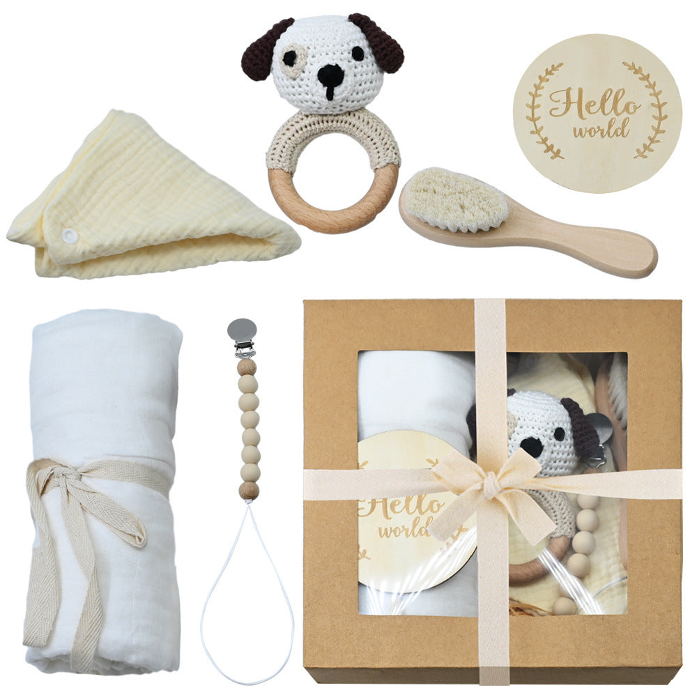 Boîte Cadeau Naissance Bébé - Hochet en Bois Crocheté + Accessoires (0-1 mois)