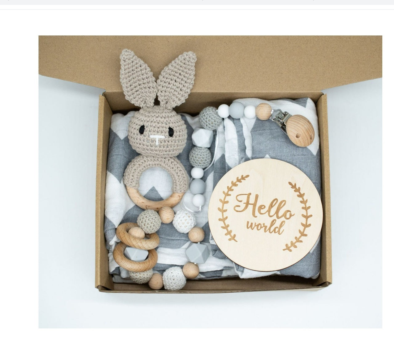 Boîte Cadeau Naissance Bébé - Hochet en Bois Crocheté + Accessoires (0-1 mois)