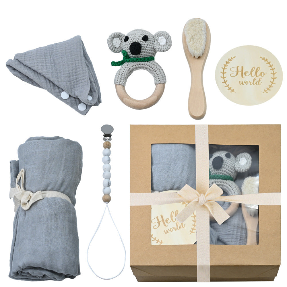 Boîte Cadeau Naissance Bébé - Hochet en Bois Crocheté + Accessoires (0-1 mois)