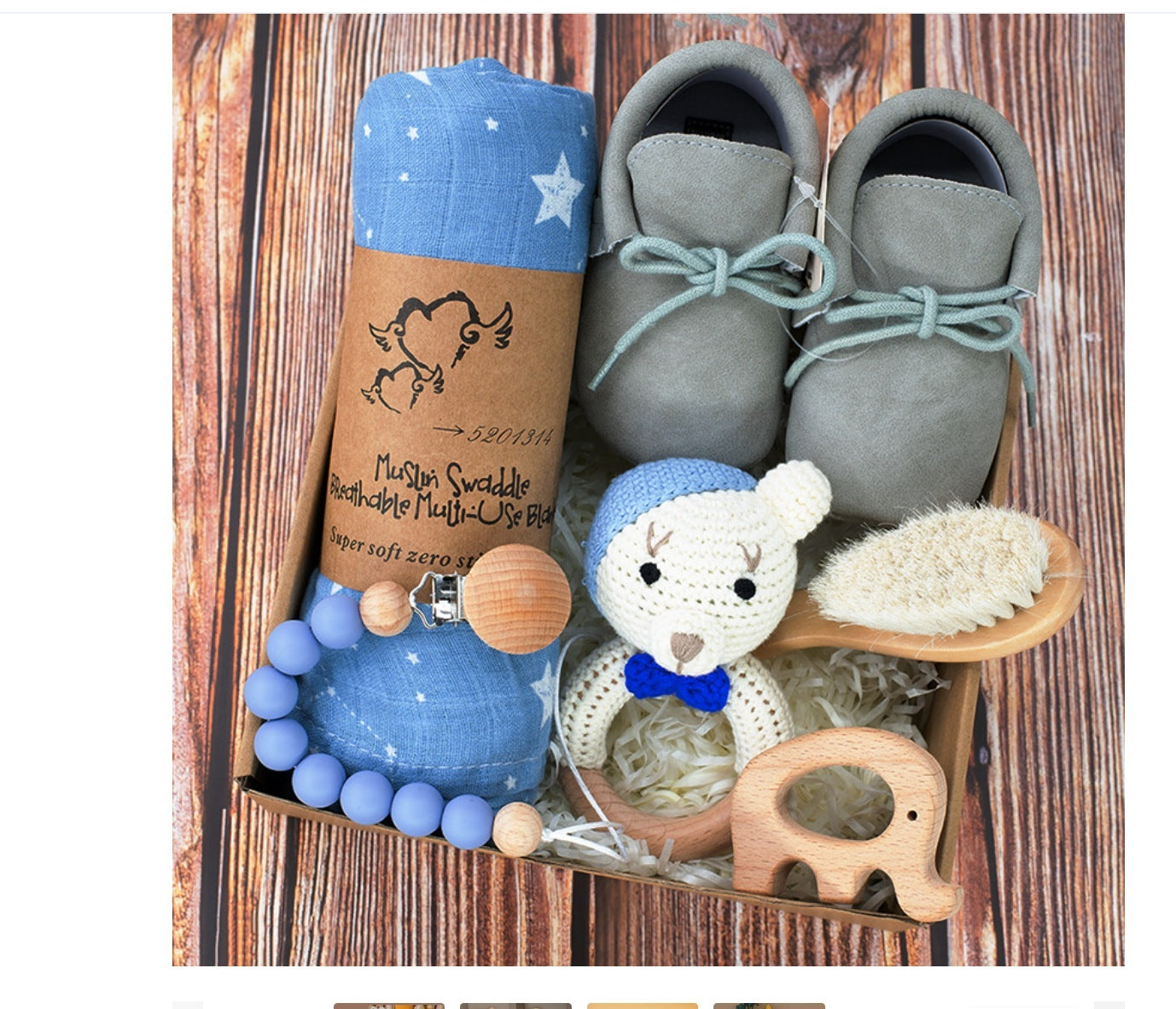 Boîte Cadeau Naissance Bébé - Hochet en Bois Crocheté + Accessoires (0-1 mois)