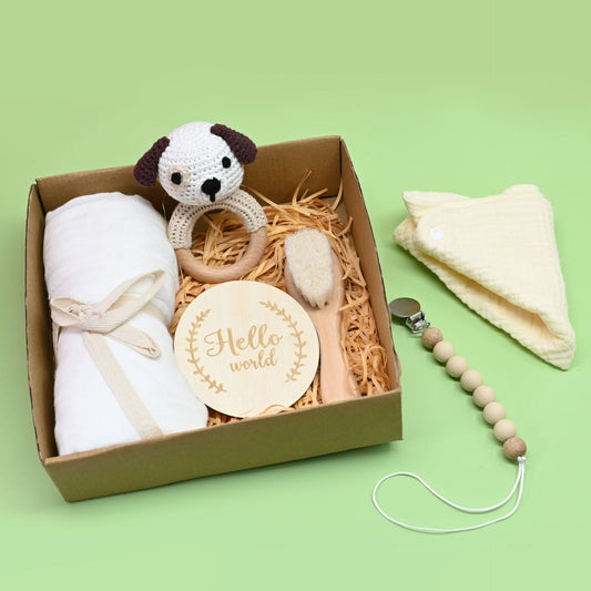 Boîte Cadeau Naissance Bébé - Hochet en Bois Crocheté + Accessoires (0-1 mois)